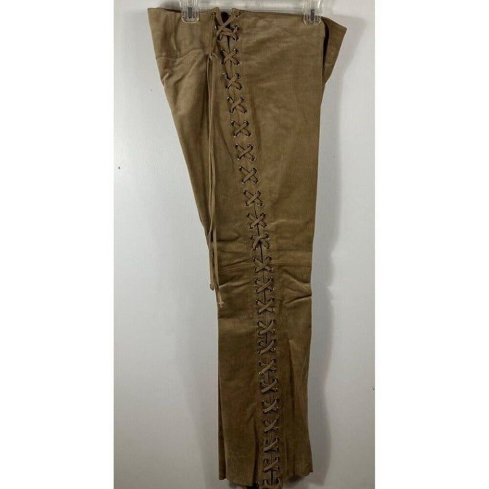 Womens Vintage B Lucid Tan Pig Split Leather Lace Western Cowgirl Pants 12 - Picture 3 of 10